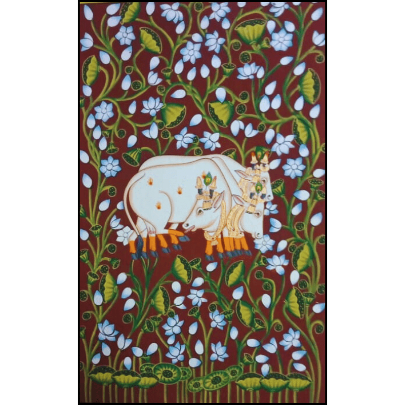 Pichwai Cow Painting – Handmade Artwork with Red Background and White Lotus